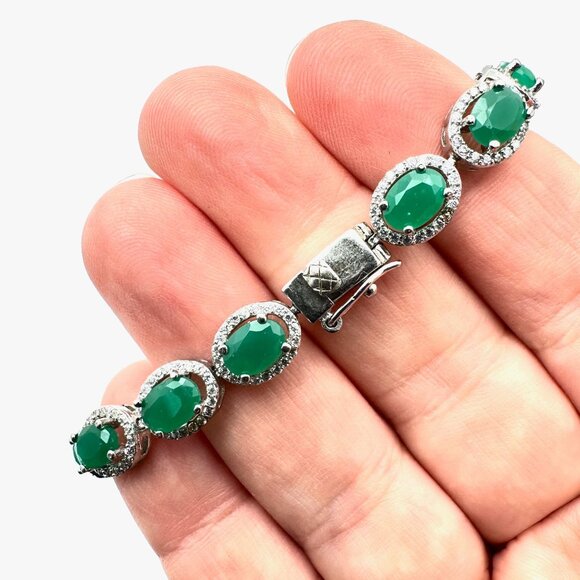 Green & White Gemstone Sterling Silver Tennis Bracelet 14 Grams 7 Inch - Picture 2 of 4
